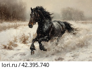 Black horse winter portrait in action,    Generative AI. Стоковое AI-изображение, AI-художник Анна Кривицкая / Фотобанк Лори