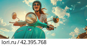A cheerful young happy girl with long hair walks quickly down the street of the city on a scooter. Copy space. Стоковое AI-изображение, AI-художник Ярославский Максим / Фотобанк Лори