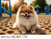 Portrait of fluffy puppy of Small German Pomeranian on dog playground. White funny little German Spitz dog playing on walk in nature, outdoors. Pet love concept. Copy space for site. Стоковое AI-изображение, AI-художник Aleksandr Golubev / Фотобанк Лори