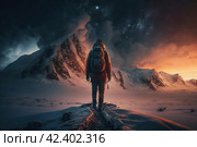 Epic winter arctic landscape. A man stands on a rock and looks into the distance at the mountains. Polar night, stars in the sky. A traveler on a hike in the majestic northern nature. Generative AI. Стоковое AI-изображение, AI-художник Андрей Степанов / Фотобанк Лори