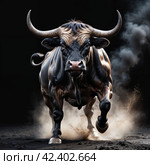 Big angry bull close-up. Стоковое AI-изображение, AI-художник RamA / Фотобанк Лори
