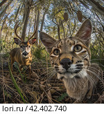 A wild lynx and a fawn look curiously into the camera of a camera trap. The concept of unusual friendship among animals. Стоковое AI-изображение, AI-художник Ярославский Максим / Фотобанк Лори