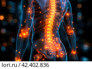 Hip joint pain, lumbar spine hernia, human body with osteoarthritis on a black background, health problems concept, AI Generated. Стоковое AI-изображение, AI-художник Станислав Тарко / Фотобанк Лори