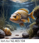 Fish swims at the bottom of the pond. Стоковое AI-изображение, AI-художник RamA / Фотобанк Лори