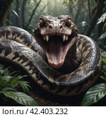 Predatory boa constrictor in the jungle. Стоковое AI-изображение, AI-художник RamA / Фотобанк Лори