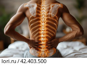 Lumbar pain, intervertebral spine hernia, man with back pain at home, spinal disc disease, health problems concept, AI Generated. Стоковое AI-изображение, AI-художник Станислав Тарко / Фотобанк Лори
