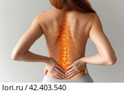 Lumbar intervertebral spine hernia, woman with back pain at home, spinal disc disease, health problems concept, AI Generated. Стоковое AI-изображение, AI-художник Станислав Тарко / Фотобанк Лори