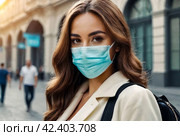 COVID-19 concept. Portrait social woman tourist in city wearing medical mask against disease virus SARS-CoV-2. Female with face mask walking with respecting distancing during pandemic coronavirus 2019. Стоковое AI-изображение, AI-художник Aleksandr Golubev / Фотобанк Лори
