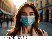 COVID-19 concept. Portrait social woman tourist in city wearing medical mask against disease virus SARS-CoV-2. Female with face mask walking with respecting distancing during pandemic coronavirus 2019. Стоковое AI-изображение, AI-художник Aleksandr Golubev / Фотобанк Лори