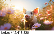 Cute, beautiful pig in a field with flowers in nature, in sunny pink rays. Стоковое AI-изображение, AI-художник ALLA YURTAYEVA / Фотобанк Лори