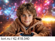 Boy with a game console controller in his hands dissolves in a pixelated gaming digital reality. Стоковое AI-изображение, AI-художник Евгений Харитонов / Фотобанк Лори