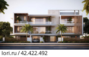 An elevation of the exterior residential building, in the style of dark beige and white, , extruded design, precisionist, contemporary glass, soft renderings, danish design,    Generative AI. Стоковое AI-изображение, AI-художник Анна Кривицкая / Фотобанк Лори