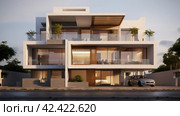 An elevation of the exterior residential building, in the style of dark beige and white, , extruded design, precisionist, contemporary glass, soft renderings, danish design,    Generative AI. Стоковое AI-изображение, AI-художник Анна Кривицкая / Фотобанк Лори