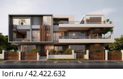 An elevation of the exterior residential building, in the style of dark beige and white, , extruded design, precisionist, contemporary glass, soft renderings, danish design,    Generative AI. Стоковое AI-изображение, AI-художник Анна Кривицкая / Фотобанк Лори