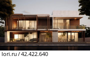 An elevation of the exterior residential building, in the style of dark beige and white, , extruded design, precisionist, contemporary glass, soft renderings, danish design,    Generative AI. Стоковое AI-изображение, AI-художник Анна Кривицкая / Фотобанк Лори