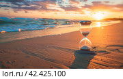 A bright sunset on a serene and sparsely populated tropical Paradise beach is the perfect place to relax. An hourglass on the device. Стоковое AI-изображение, AI-художник Ярославский Максим / Фотобанк Лори