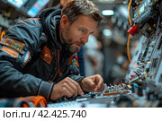 Engineer in Action: Data Analysis and Pilot Instructions on Telemetry Background. Стоковое AI-изображение, AI-художник Юрий Поздников / Фотобанк Лори
