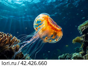 Jellyfish (Cubozoa) swimming in tropical underwaters bottom view. Medusa in underwater wild animal world. Observation of wildlife ocean. Scuba diving in Ecuador coast. Copy text space. Стоковое AI-изображение, AI-художник Aleksandr Golubev / Фотобанк Лори