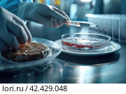 laboratory, cutlets made from mold, algae, microalgae. scientist's hand with test tube, pipette, biotechnologies, artificial food, meat. Стоковое AI-изображение, AI-художник Ольга Ильина / Фотобанк Лори
