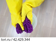 Female hands in a yellow rubber gloves washes a wooden parquet floor. woman in protective gloves wiping up the floor. cleaning floor in house with purple rag. Стоковое фото, фотограф Константин Григорьев / Фотобанк Лори