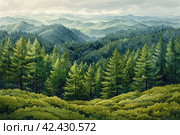 A grassy hilly thick dense pine forest with Sword ferns, watercolor style,    Generative AI. Стоковое AI-изображение, AI-художник Анна Кривицкая / Фотобанк Лори