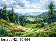 A grassy hilly thick dense pine forest with Sword ferns, watercolor style,    Generative AI. Стоковое AI-изображение, AI-художник Анна Кривицкая / Фотобанк Лори