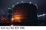 Huge oil refinery tank at night, ominous, detailed, dark, dim lighting, glowy, sinister ,    Generative AI. Стоковое AI-изображение, AI-художник Анна Кривицкая / Фотобанк Лори