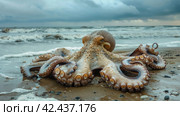 Stranded huge heavy octopus Sea beach,    Generative AI. Стоковое AI-изображение, AI-художник Анна Кривицкая / Фотобанк Лори