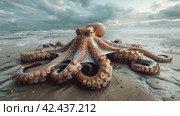 Stranded huge heavy octopus Sea beach,    Generative AI. Стоковое AI-изображение, AI-художник Анна Кривицкая / Фотобанк Лори
