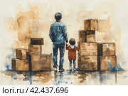 A lot of boxes, the family is moving to a new apartment,    Generative AI. Стоковое AI-изображение, AI-художник Анна Кривицкая / Фотобанк Лори