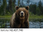 Brown bear against the background of a lake,    Generative AI. Стоковое AI-изображение, AI-художник Анна Кривицкая / Фотобанк Лори