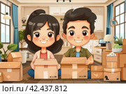 A lot of boxes, the family is moving to a new apartment,    Generative AI. Стоковое AI-изображение, AI-художник Анна Кривицкая / Фотобанк Лори