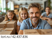 A lot of boxes, the family is moving to a new apartment,    Generative AI. Стоковое AI-изображение, AI-художник Анна Кривицкая / Фотобанк Лори
