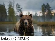 Brown bear against the background of a lake,    Generative AI. Стоковое AI-изображение, AI-художник Анна Кривицкая / Фотобанк Лори
