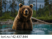 Brown bear against the background of a lake,    Generative AI. Стоковое AI-изображение, AI-художник Анна Кривицкая / Фотобанк Лори