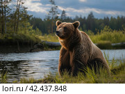 Brown bear against the background of a lake,    Generative AI. Стоковое AI-изображение, AI-художник Анна Кривицкая / Фотобанк Лори
