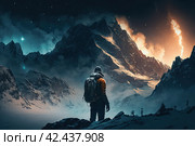Epic winter arctic landscape. A man stands on a rock and looks into the distance at the mountains. Polar night, stars in the sky. A traveler on a hike in the majestic northern nature. Generative AI. Стоковое AI-изображение, AI-художник Андрей Степанов / Фотобанк Лори