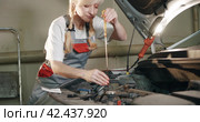 Автосервис. Attractive female mechanic working on the car engine. Стоковое видео, видеограф EStarodubov / Фотобанк Лори