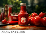 Cylindrical Glass bottle ketchup. Generate Ai. Стоковое AI-изображение, AI-художник Иван Рябоконь / Фотобанк Лори