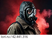 Mysterious stalker portrait in gas mask against dark background. Illustration person of in soviet old gas mask with filter red acid highlights dissolving. Radiation concept. Copy ad text space. Gen Ai. Стоковое AI-изображение, AI-художник Aleksandr Golubev / Фотобанк Лори