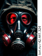 Mysterious stalker portrait in gas mask against dark background. Illustration person of in soviet old gas mask with filter red acid highlights dissolving. Radiation concept. Copy ad text space. Gen Ai. Стоковое AI-изображение, AI-художник Aleksandr Golubev / Фотобанк Лори