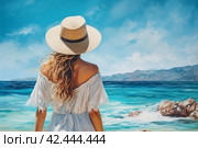 A beautiful young woman with long hair, wearing a straw hat and a white dress on the background of the sea. Стоковое AI-изображение, AI-художник Виктория Тельминова / Фотобанк Лори