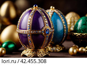 Russian jewelry souvenir, easter eggs copy of Faberge, unique impressive collection of jewelry, made by famous russian jewelers. Copy space. Стоковое AI-изображение, AI-художник Aleksandr Golubev / Фотобанк Лори