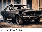 Close-up completely burnt out and carbonized car. Vehicle blown up by military shell burned abandoned automobile during war operations. Copy space. Стоковое AI-изображение, AI-художник Aleksandr Golubev / Фотобанк Лори