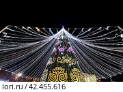 Город Тюмень. Новогодние гирлянды на главной елке. Площадь 400-летия Тюмени ночью (2022 год). Стоковое фото, фотограф Александр Тараканов / Фотобанк Лори