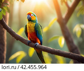 Scarlet macaw parrot (Ara macao) sitting on tree branch in the rainforest. Стоковое AI-изображение, AI-художник Евгений Ткачёв / Фотобанк Лори