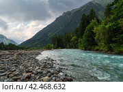 View of the Psysh riverbed in the northern foothills of the Caucasus Mountains near the village of Arkhyz on a sunny summer day, Karachay-Cherkessia, Russia. Стоковое фото, фотограф Ula Ulachka / Фотобанк Лори