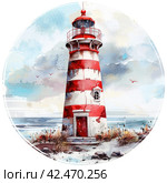 image of beautiful lighthouse by the sea. round picture for printing on products. round picture with lighthouse on a white isolated background. Стоковое AI-изображение, AI-художник Ольга Ильина / Фотобанк Лори