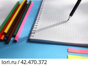 Close up view notebooks, pencils, on a blue background. Back to school concept. Office supplies flat lay. Стоковое фото, фотограф Александра Баранова / Фотобанк Лори