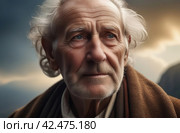 Close-up outdoor portrait of gray haired old man wearing vintage hat, coat. Observant elderly man look at camera. 20th century Stylish retro old-fashioned suit look. Senior nostalgic wrinkled face man. Стоковое AI-изображение, AI-художник Марина Демидюк / Фотобанк Лори